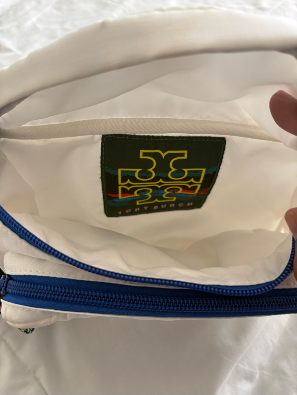 Tory Burch White Nylon Crossbody with Blue Trim and Multicolor Logo - Picture 3 of 3